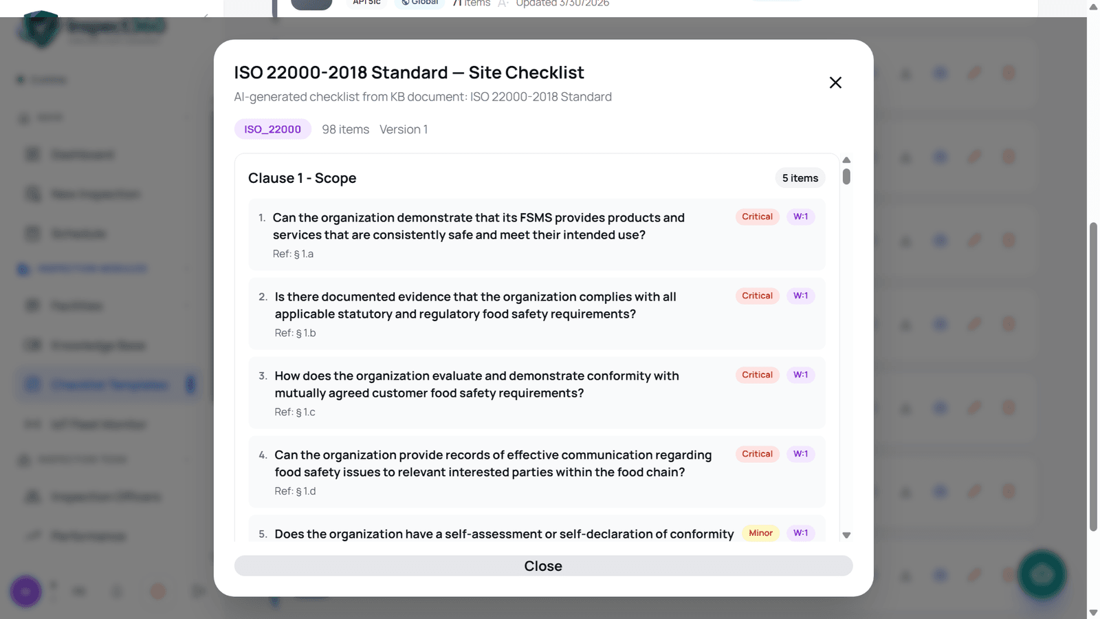 A digital inspection checklist — faster than paper, but every judgement is still manual