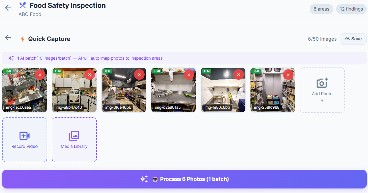 AI visual inspection mode flagging a food-safety hazard from a photo